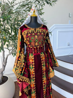 Burgundy Velvet Embroidery Tatreez Thobe