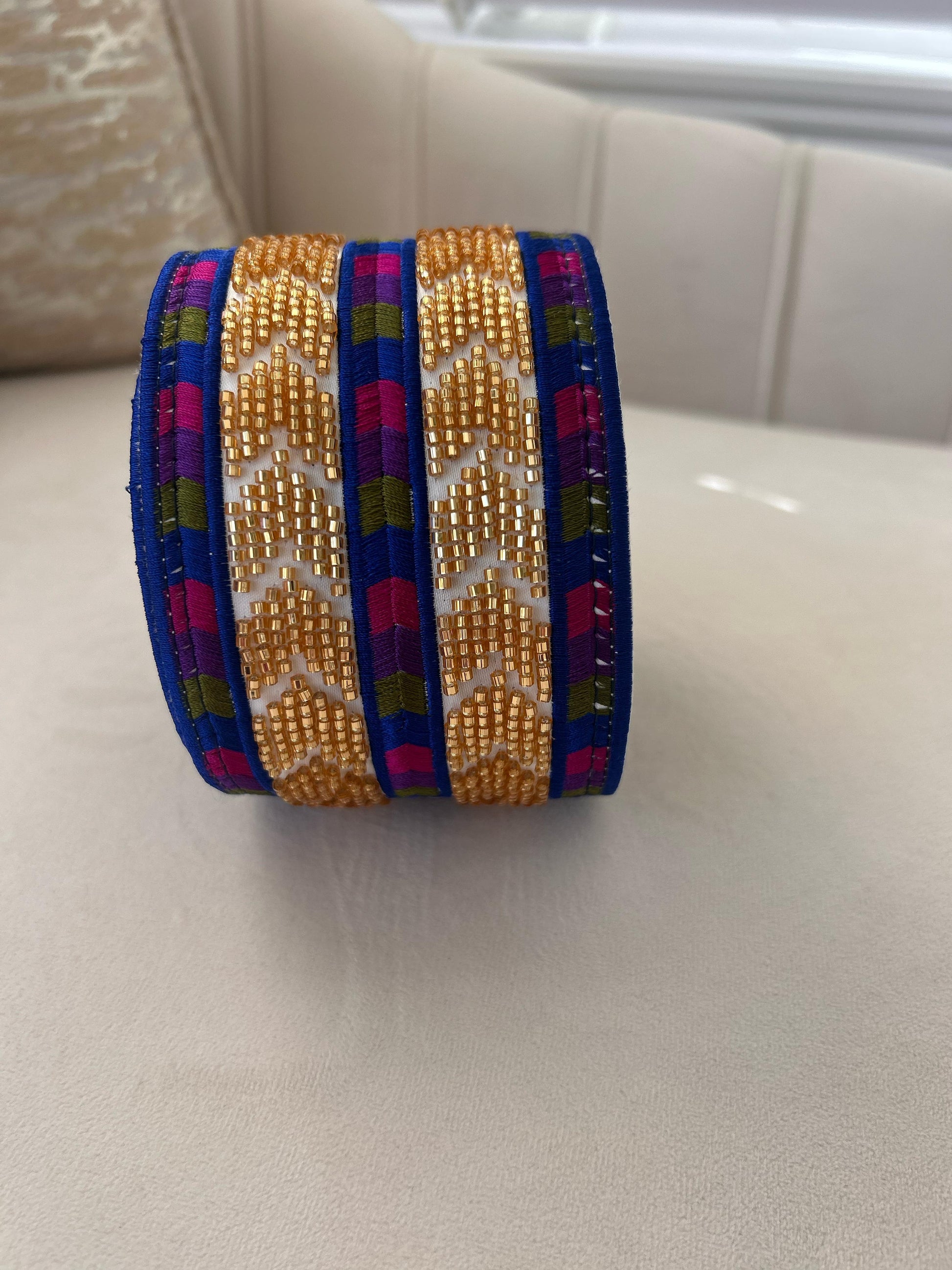 Gold Sabal Kharaz Blue Embroidery Thobe Belt