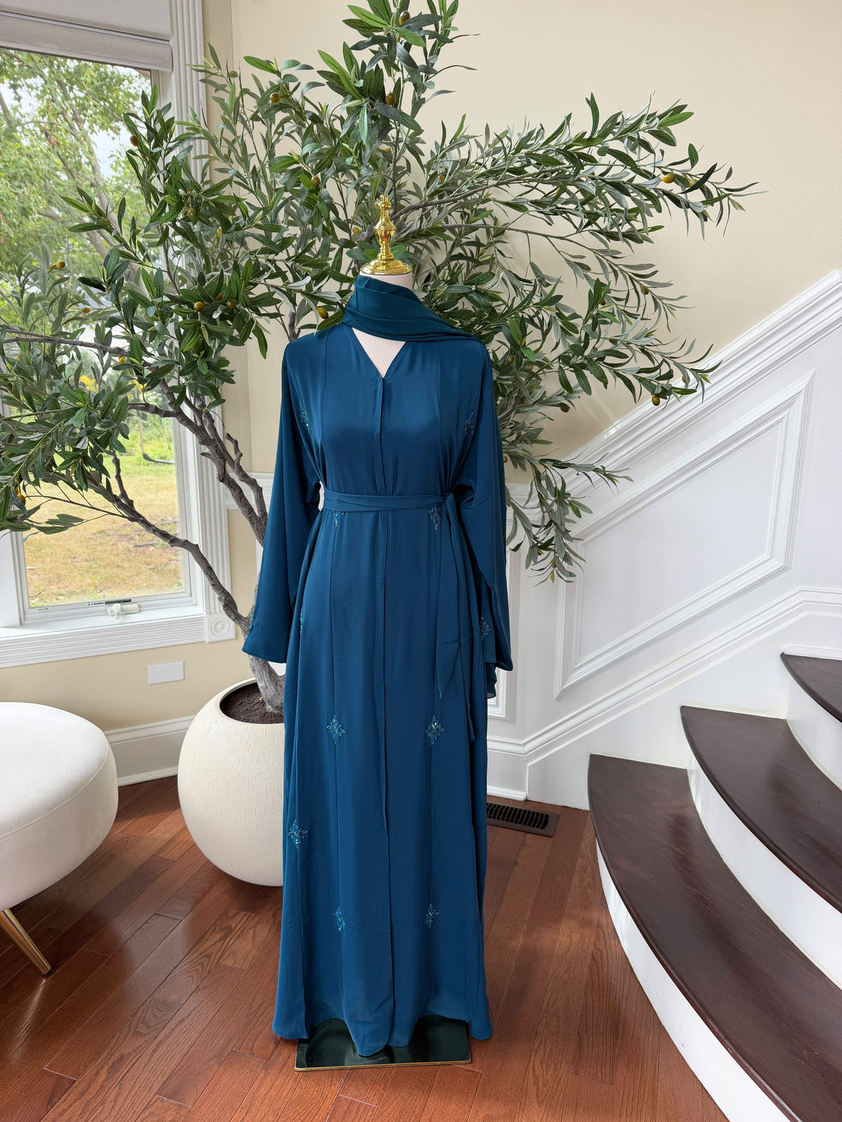 Turquoise Nada Fabric Charm Beaded Elegance Abaya