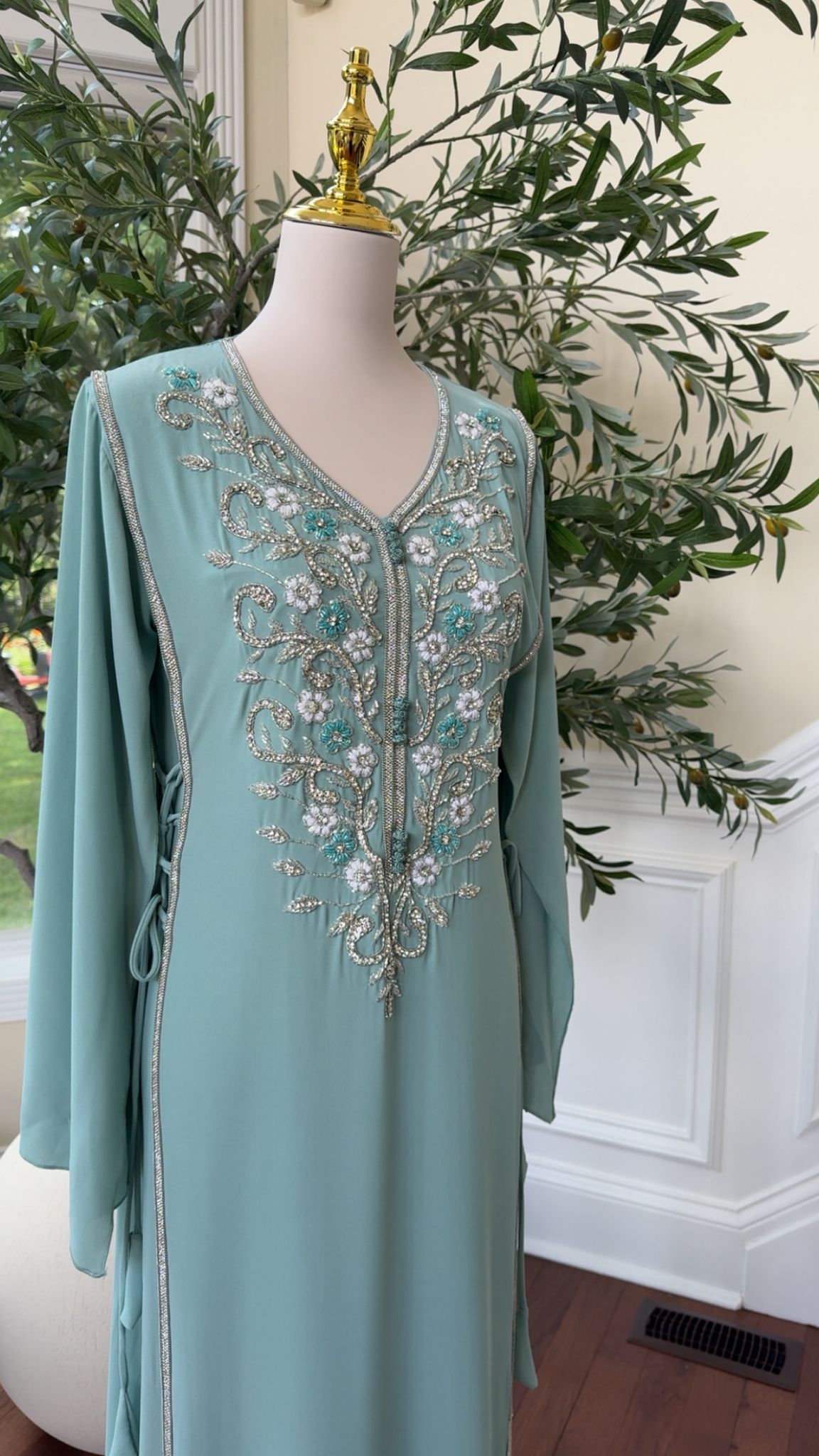 Delicate Light Teal Kaftan with Silver Beading