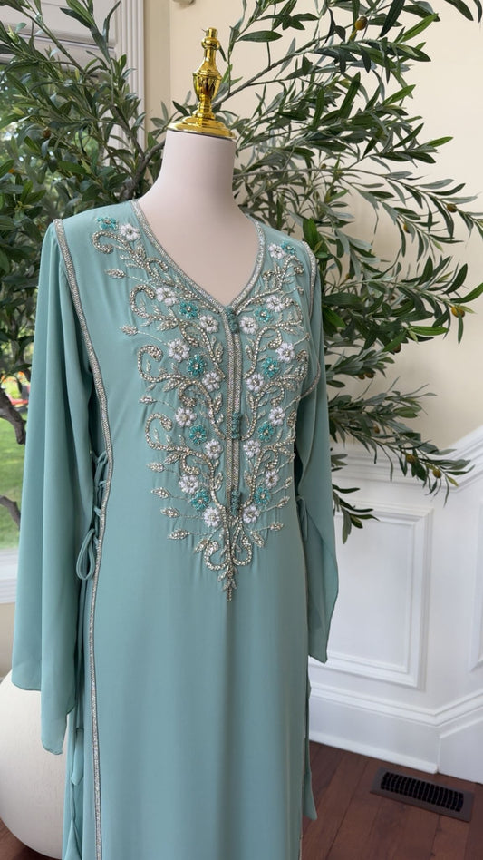 Delicate Light Teal Kaftan with Silver Beading