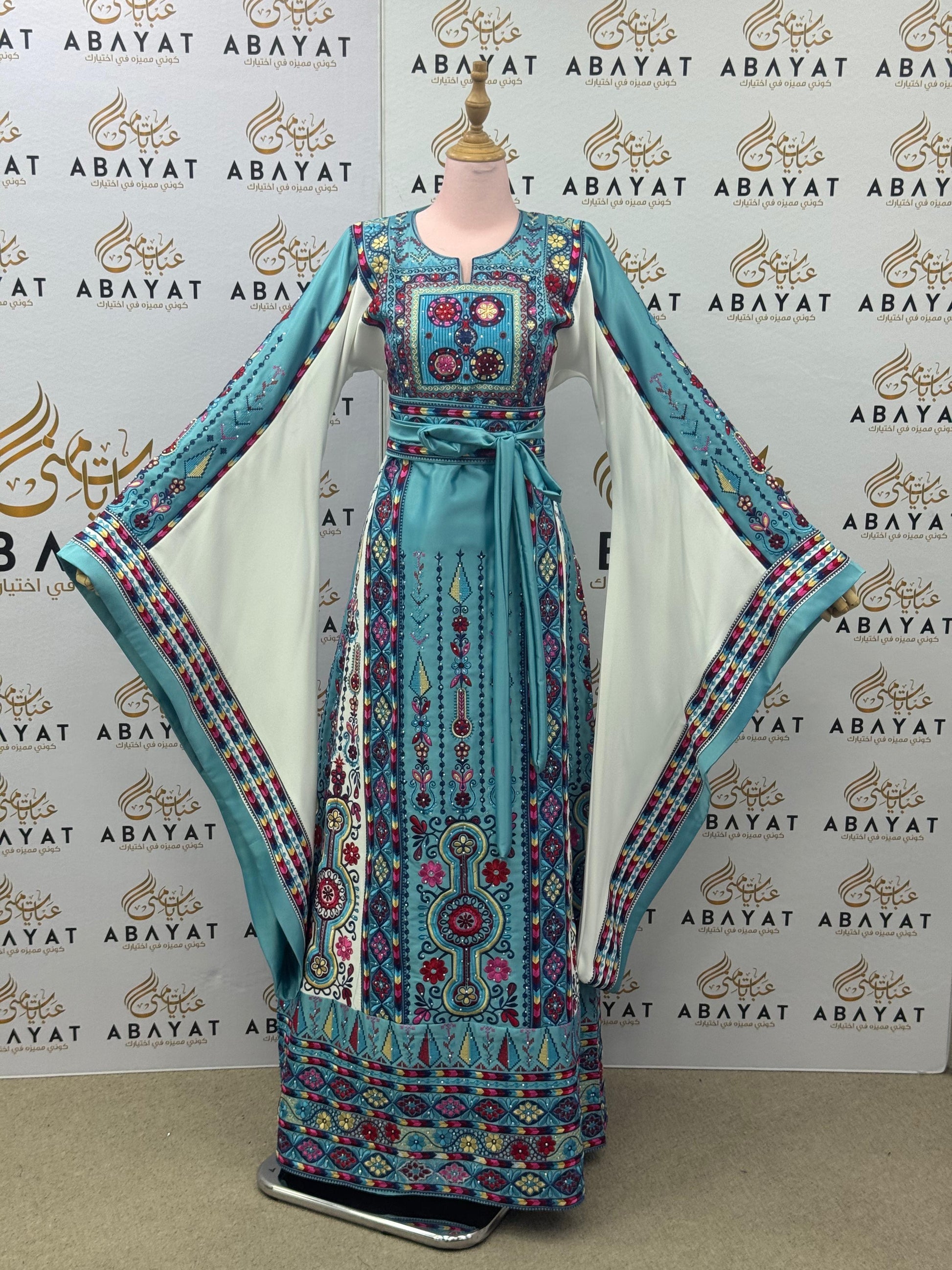 Turquoise & Fuchsia Palestinian Embroidered Thobe – Floral Heritage Design