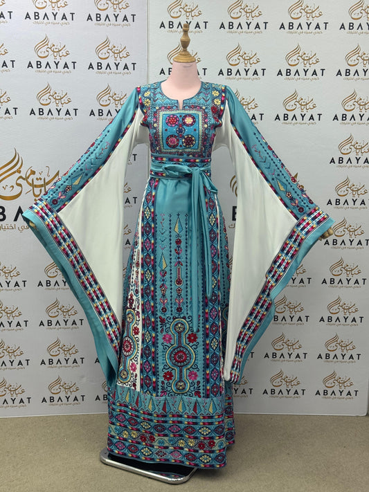 Turquoise & Fuchsia Palestinian Embroidered Thobe – Floral Heritage Design
