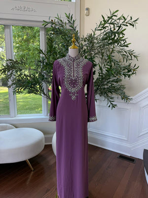 Royal Pink  – Modest Kaftan with Handcrafted Crystal Neckline