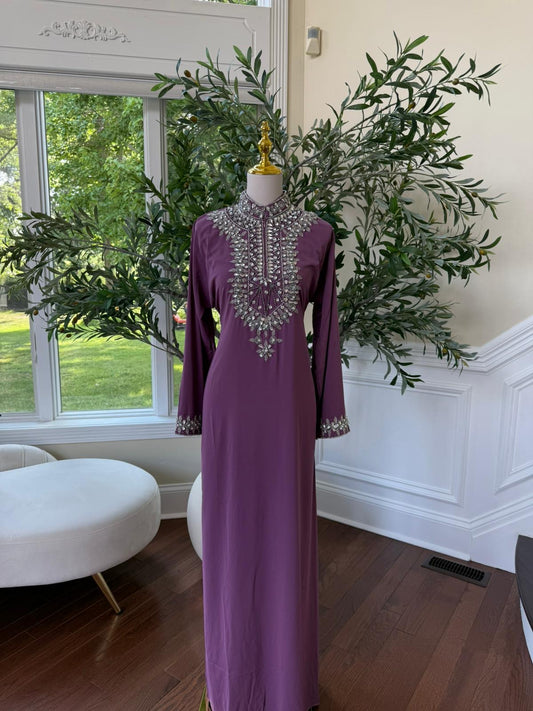 Royal Pink  – Modest Kaftan with Handcrafted Crystal Neckline