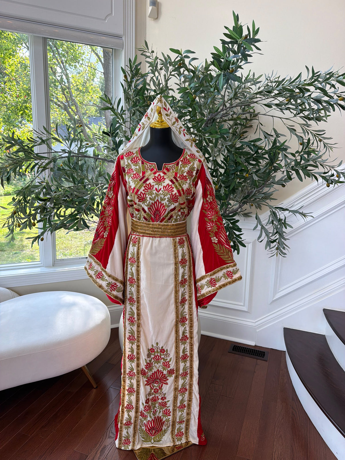 Elegant Cream and Red Thobe with Gold Floral Embroidery(scarf not included)