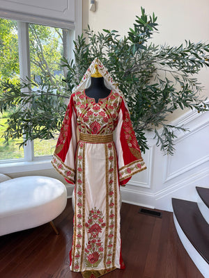 Elegant Cream and Red Thobe with Gold Floral Embroidery(scarf not included)