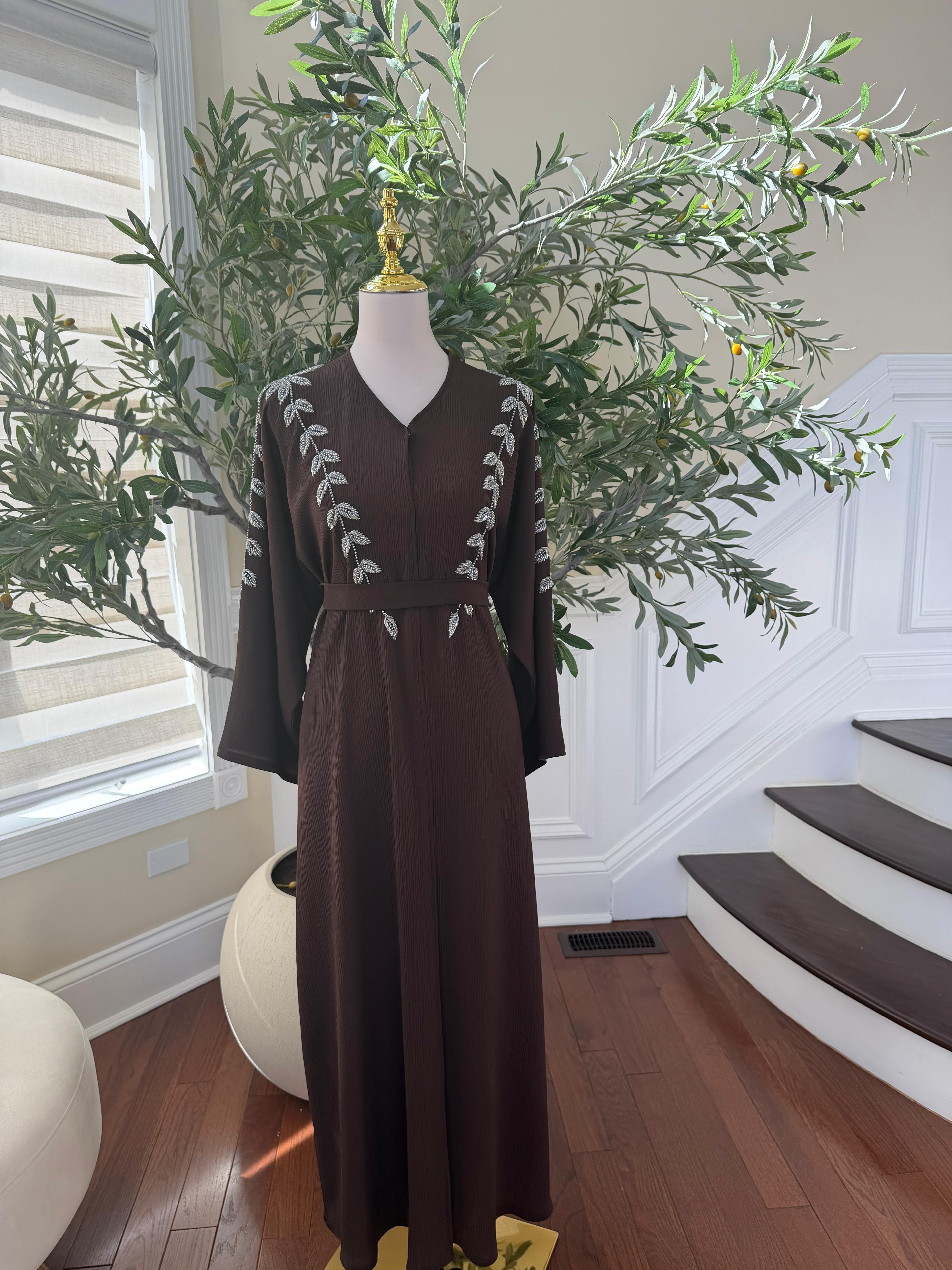 Brown Silver Beaded Essence Abaya