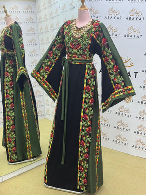 Palestinian Couture Thobe – Green Embroidered Panel