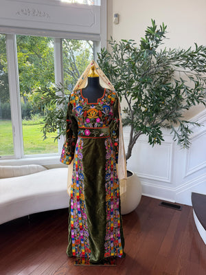 Elegant Olive Green Velvet Thobe with Vibrant Floral Embroidery