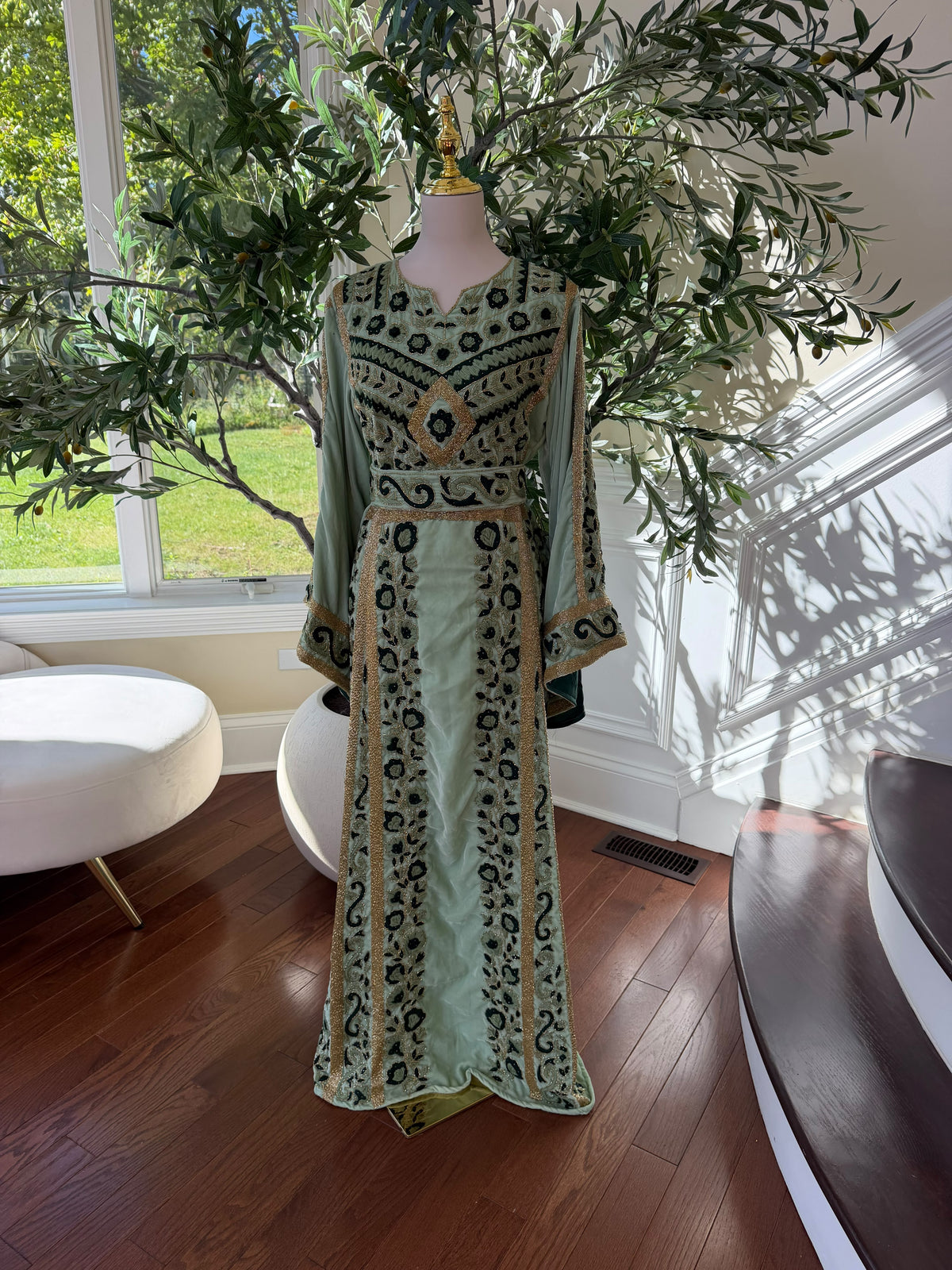 Sage Green & Gold Embroidered Palestinian Thobe (scarf not included)