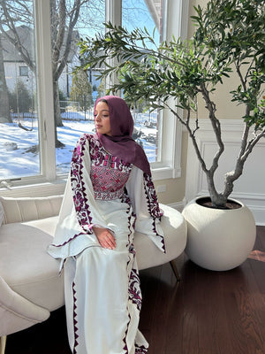 Elegant White Embroidery Purple Thobe