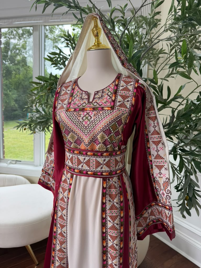 White Embroidery Tatreez Red Thobe