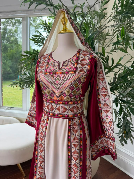 White Embroidery Tatreez Red Thobe