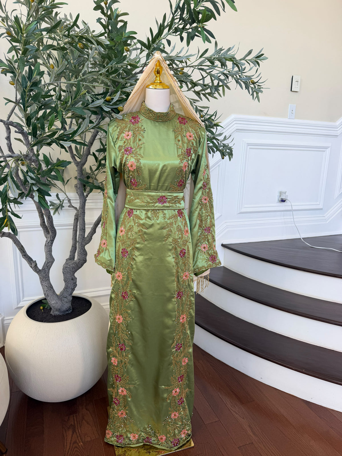 Elegant Sage Green Satin Thobe with Pink Floral Embroidery, Gold Detailing, and Matching Belt( scarf not included)