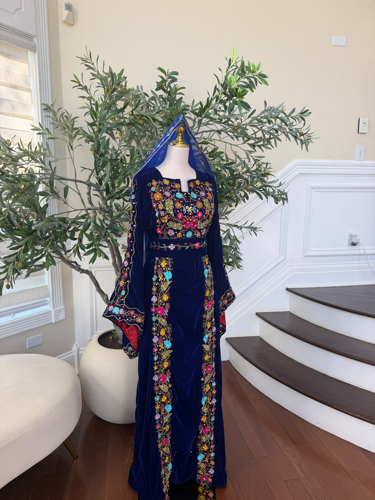 Midnight Blue Velvet Thobe with Intricate Multicolor Embroidery(scarf not included)