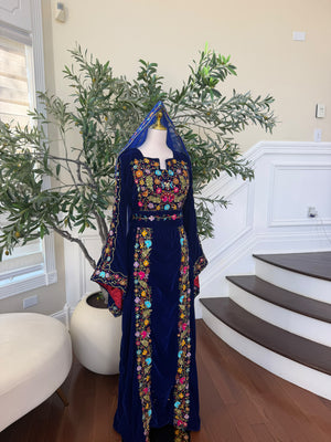 Midnight Blue Velvet Thobe with Intricate Multicolor Embroidery(scarf not included)