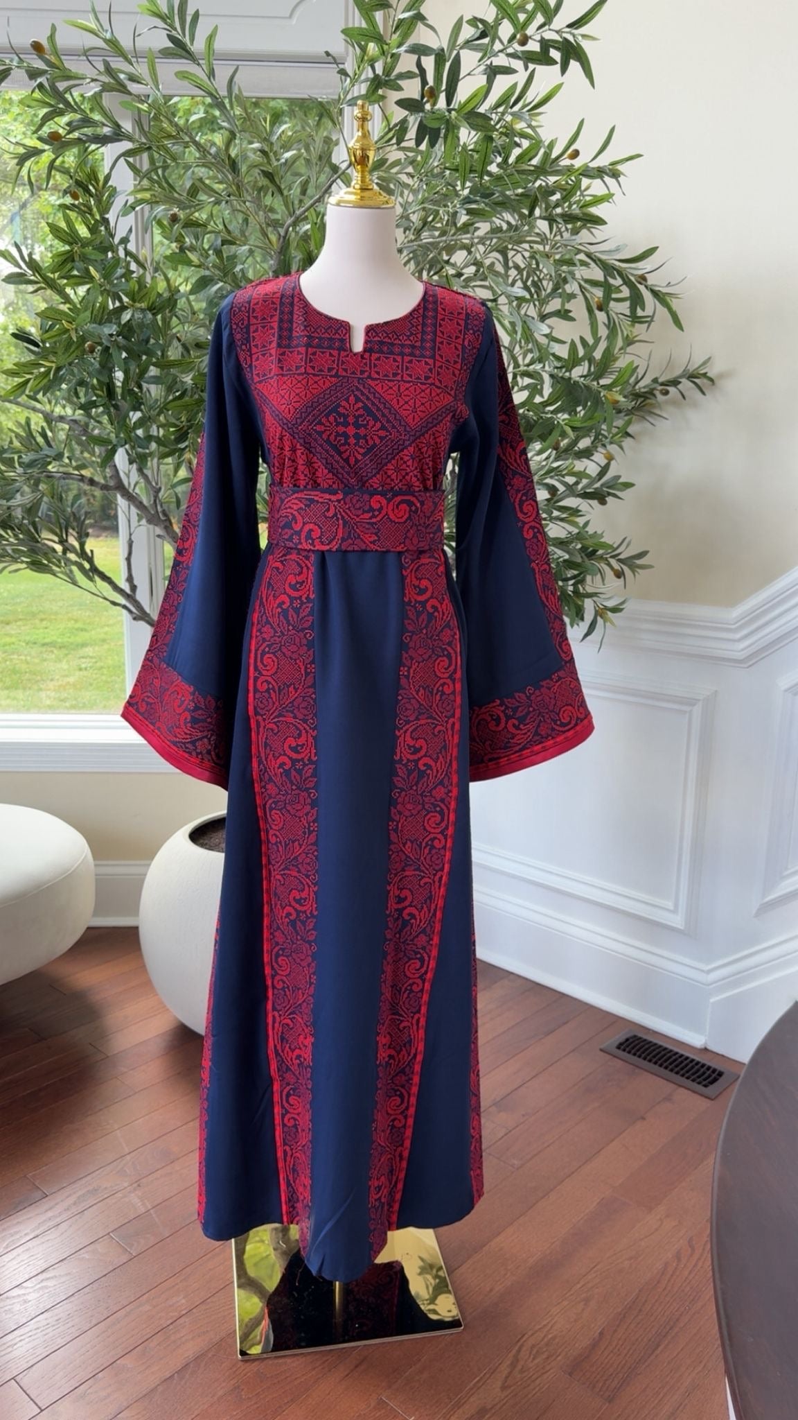 Navy Elegance with Traditional Red Embroidery Thobe