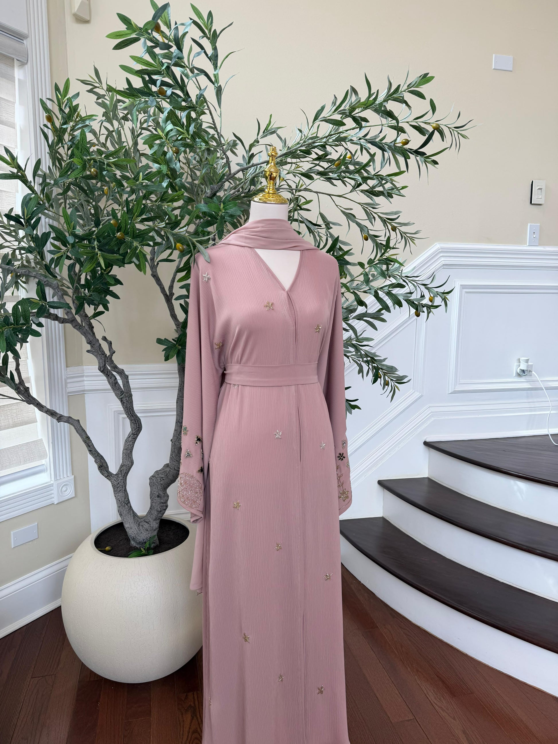 Rose Blush Floral Sleeve Beaded Abaya