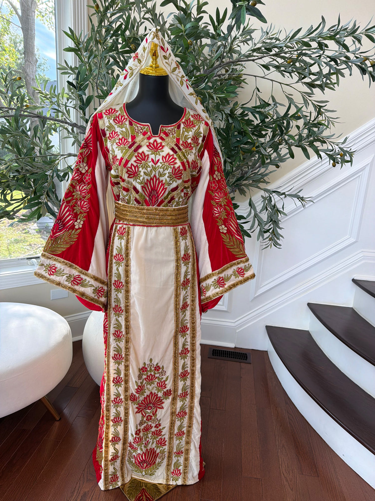 Elegant Cream and Red Thobe with Gold Floral Embroidery(scarf not included)