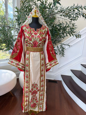 Elegant Cream and Red Thobe with Gold Floral Embroidery(scarf not included)