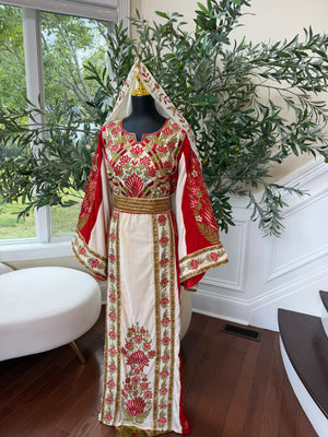 Elegant Cream and Red Thobe with Gold Floral Embroidery(scarf not included)