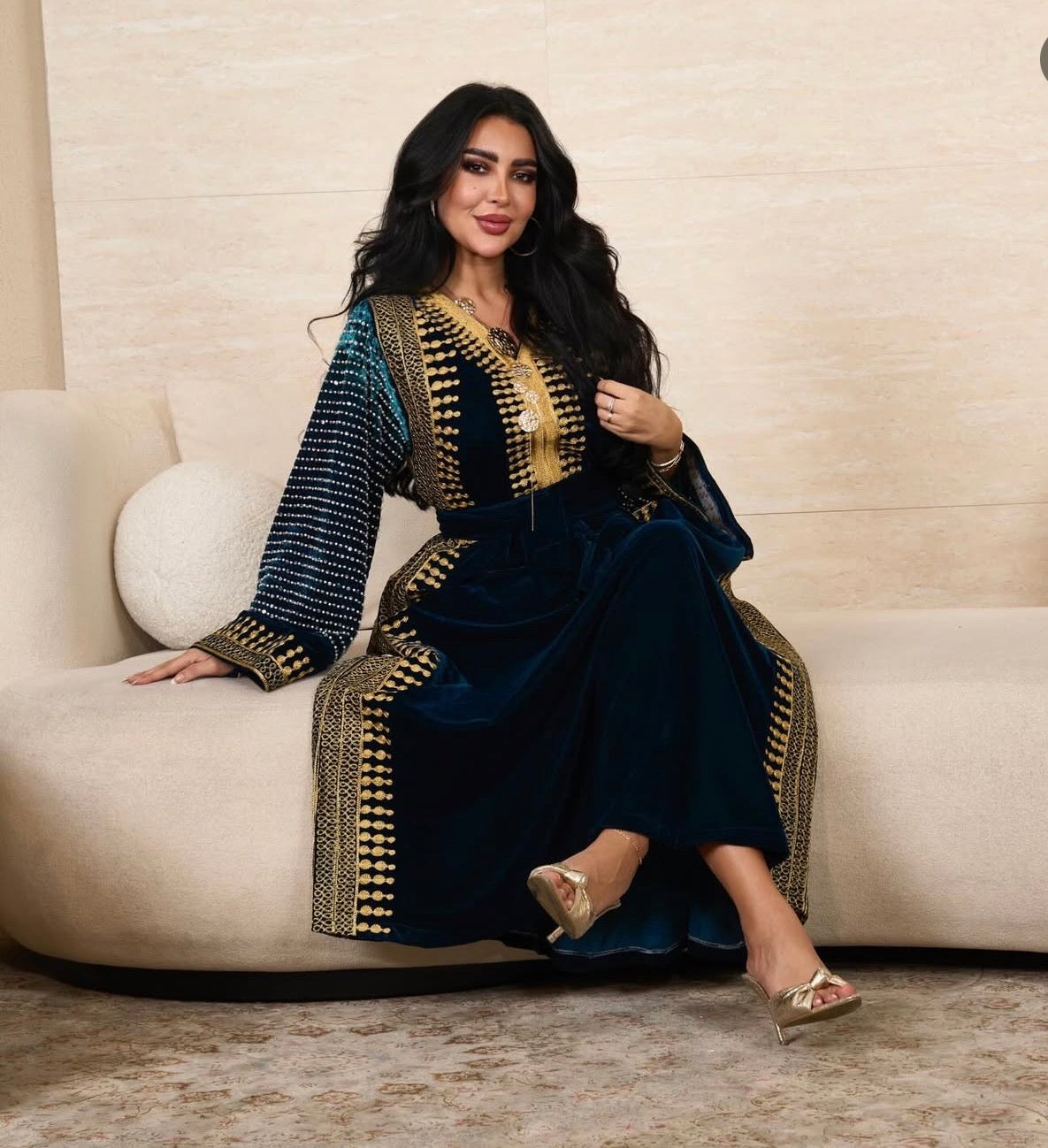 Navy Blue Velvet Celestial Gold Dress