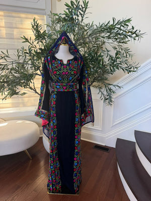Elegant Navy Blue Velvet Palestinian Thobe with Vibrant Multicolor Floral Embroidery(scarf not included)