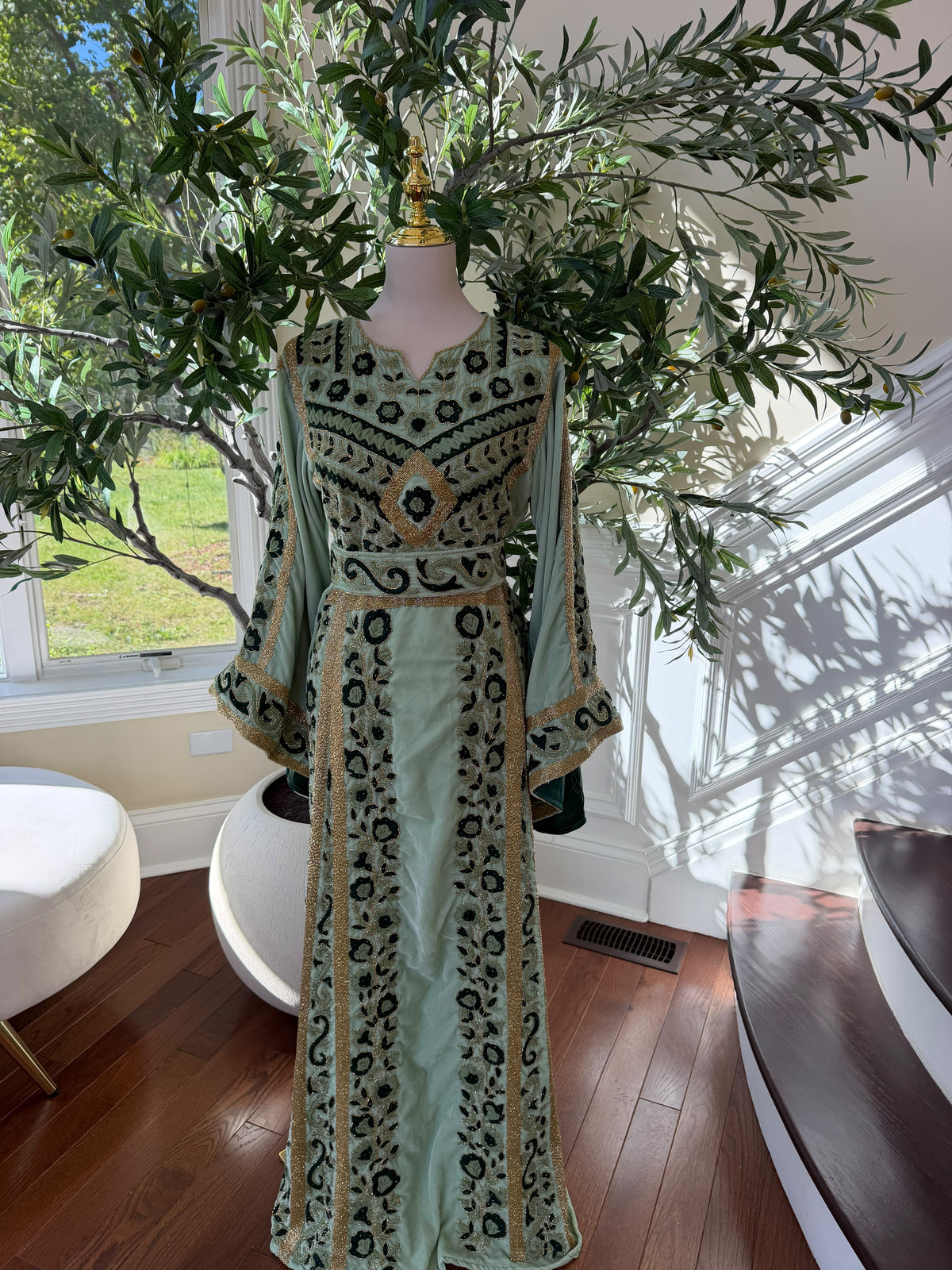 Sage Green & Gold Embroidered Palestinian Thobe (scarf not included)