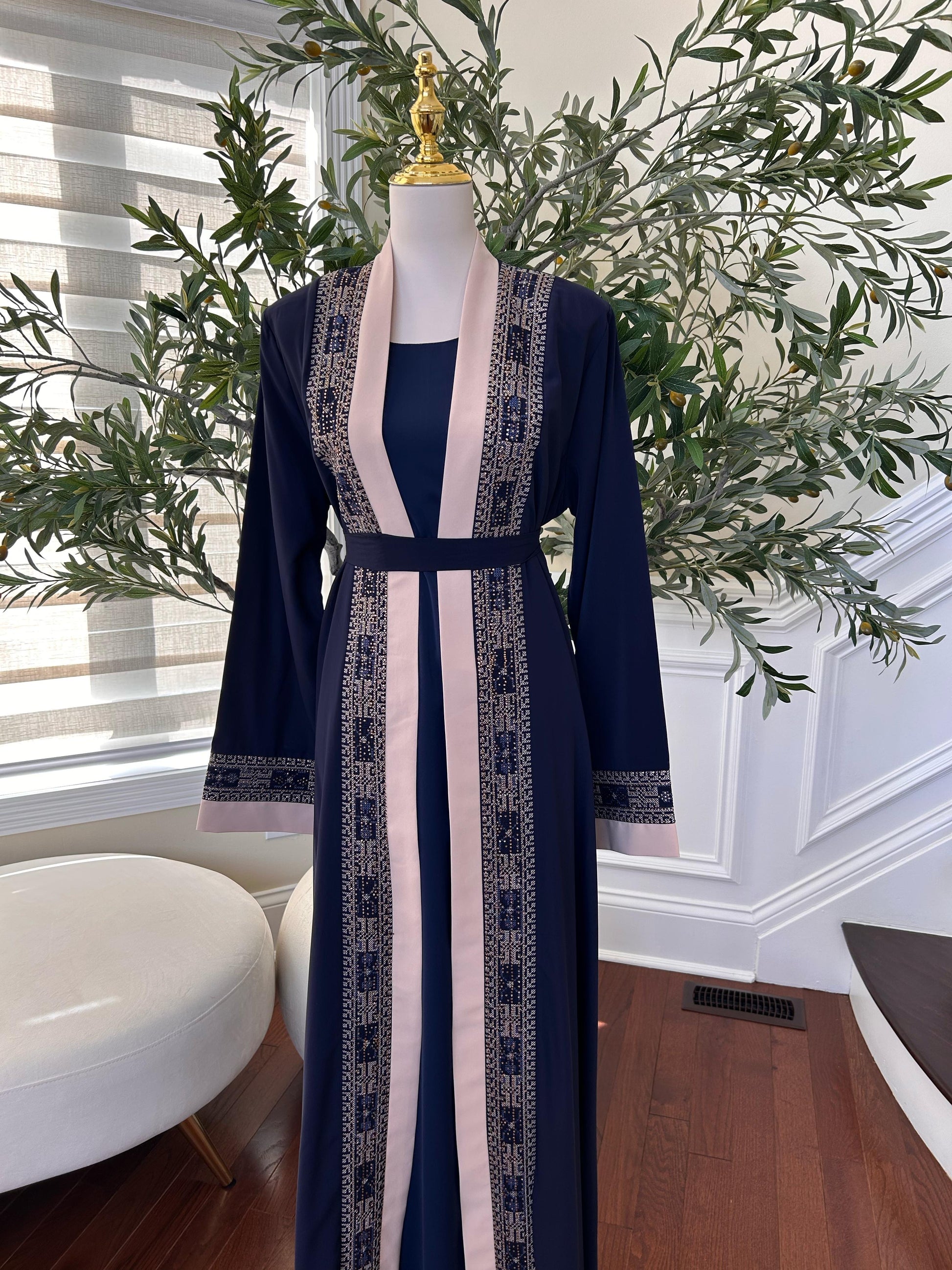 Blue Tatreez Beaded Two Piece Abaya