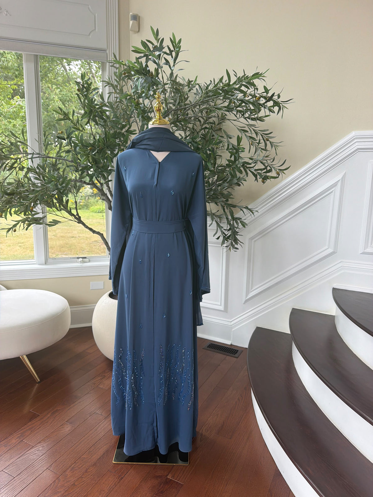 Blue Elegance Charm Beaded Nade Fabric Abaya