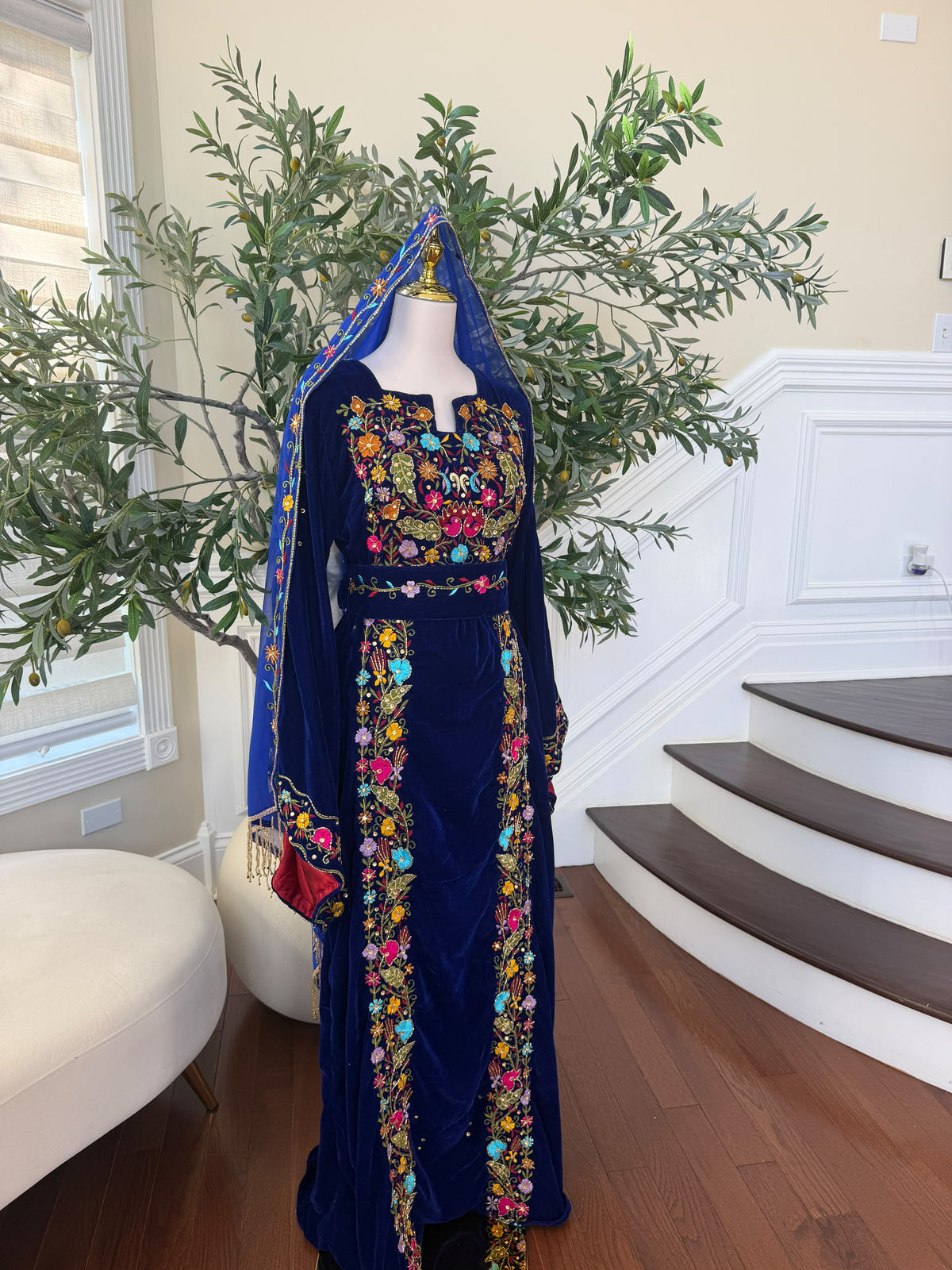 Midnight Blue Velvet Thobe with Intricate Multicolor Embroidery(scarf not included)