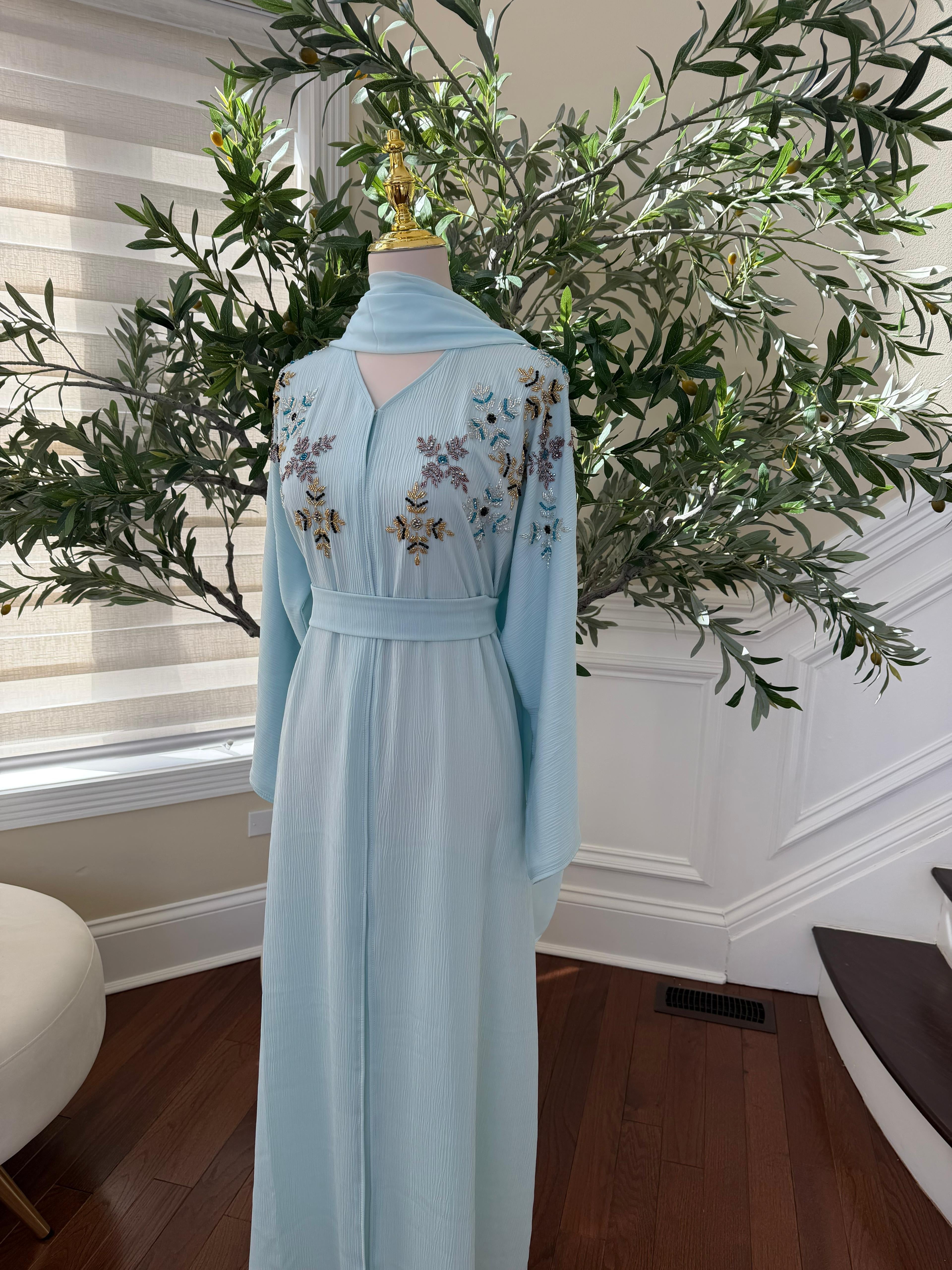 Baby Blue Floral Sequin Abaya