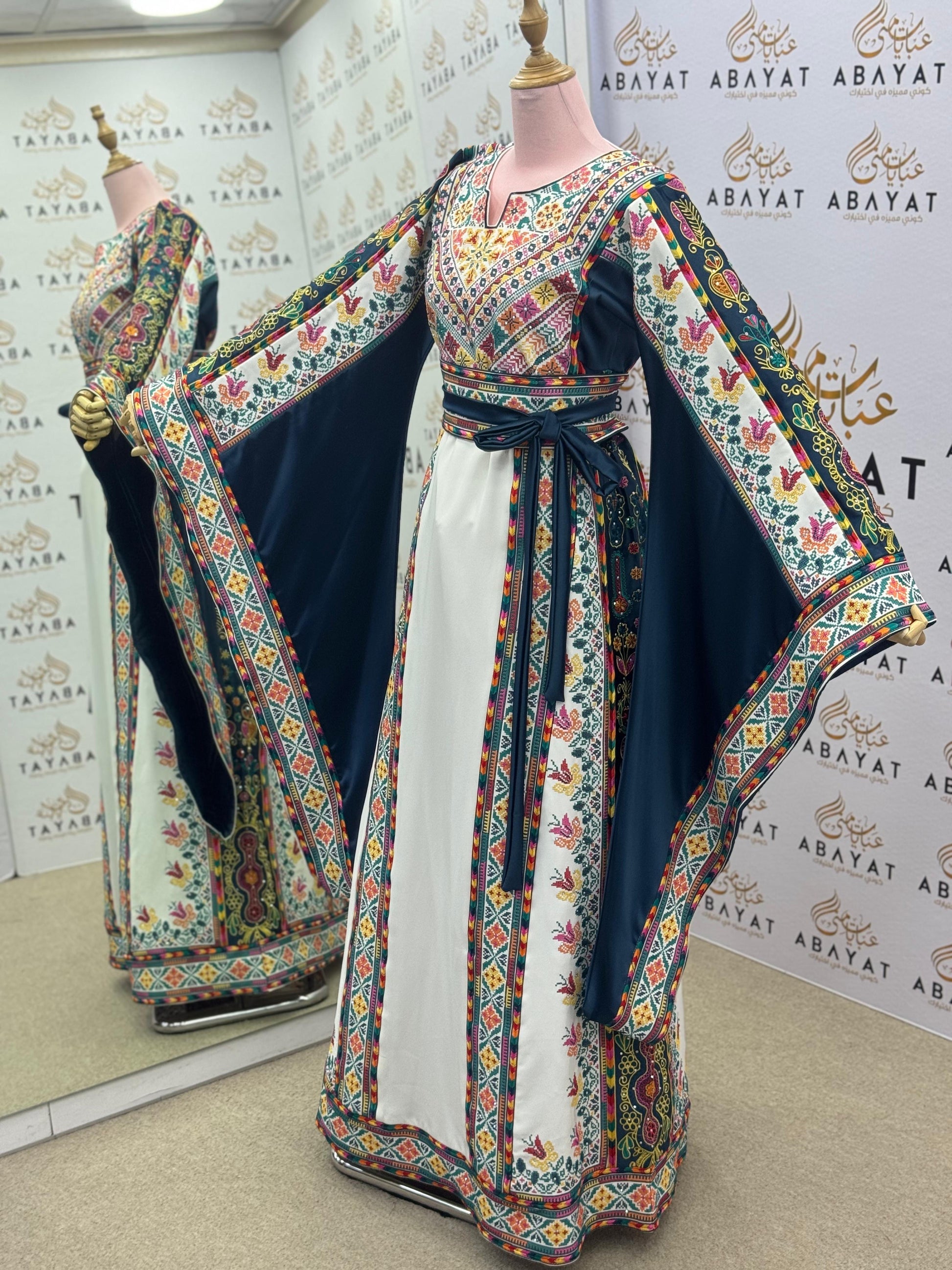 Teal & Ivory Palestinian Embroidered Thobe – Colorful Tatreez Heritage Dress A09042025