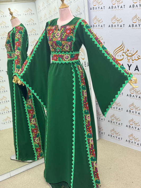 Deep Green Palestinian Thobe – Embroidered Tatreez Maxi Dress