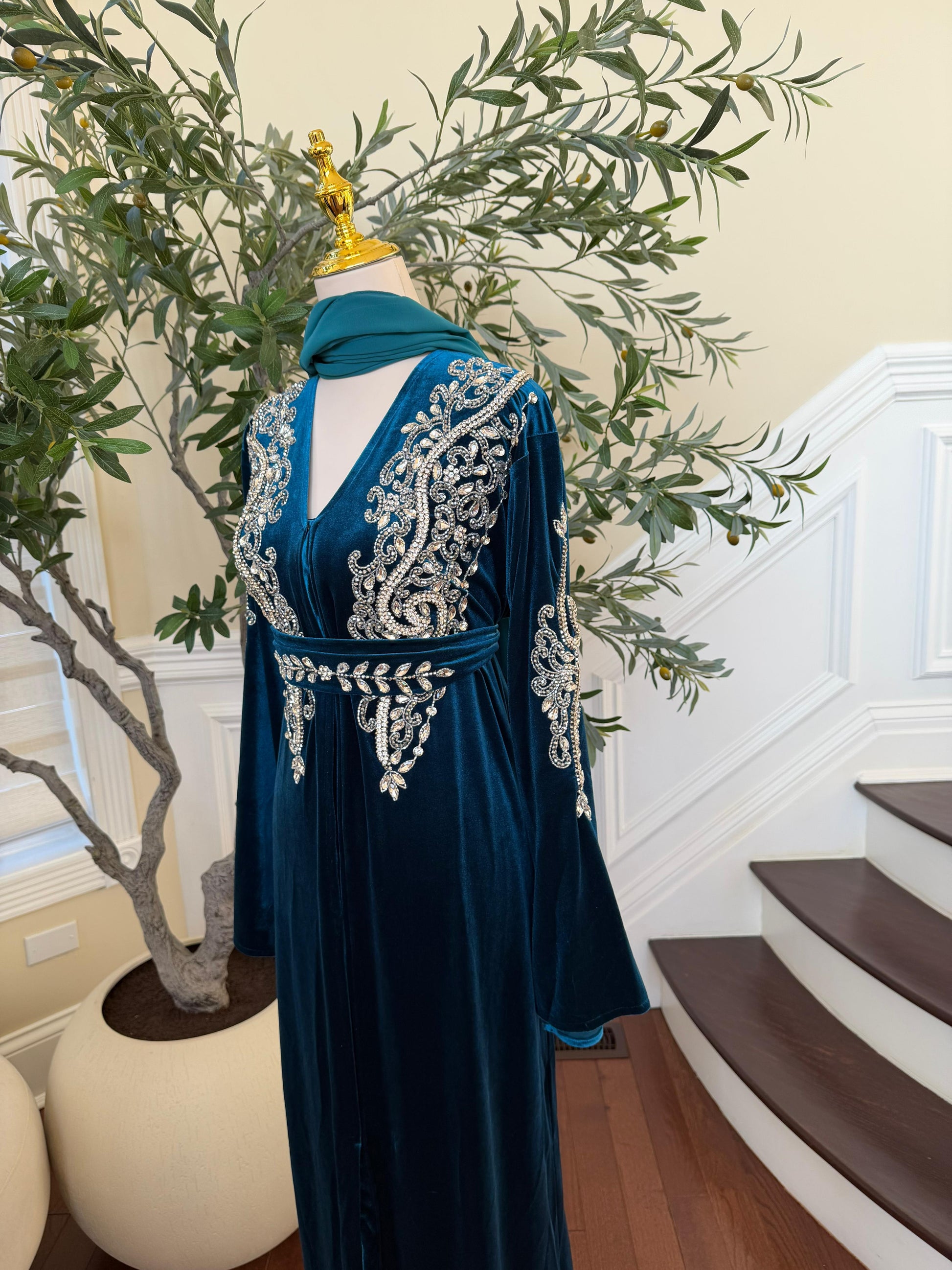 Turquoise Velvet Stone Beaded Abaya