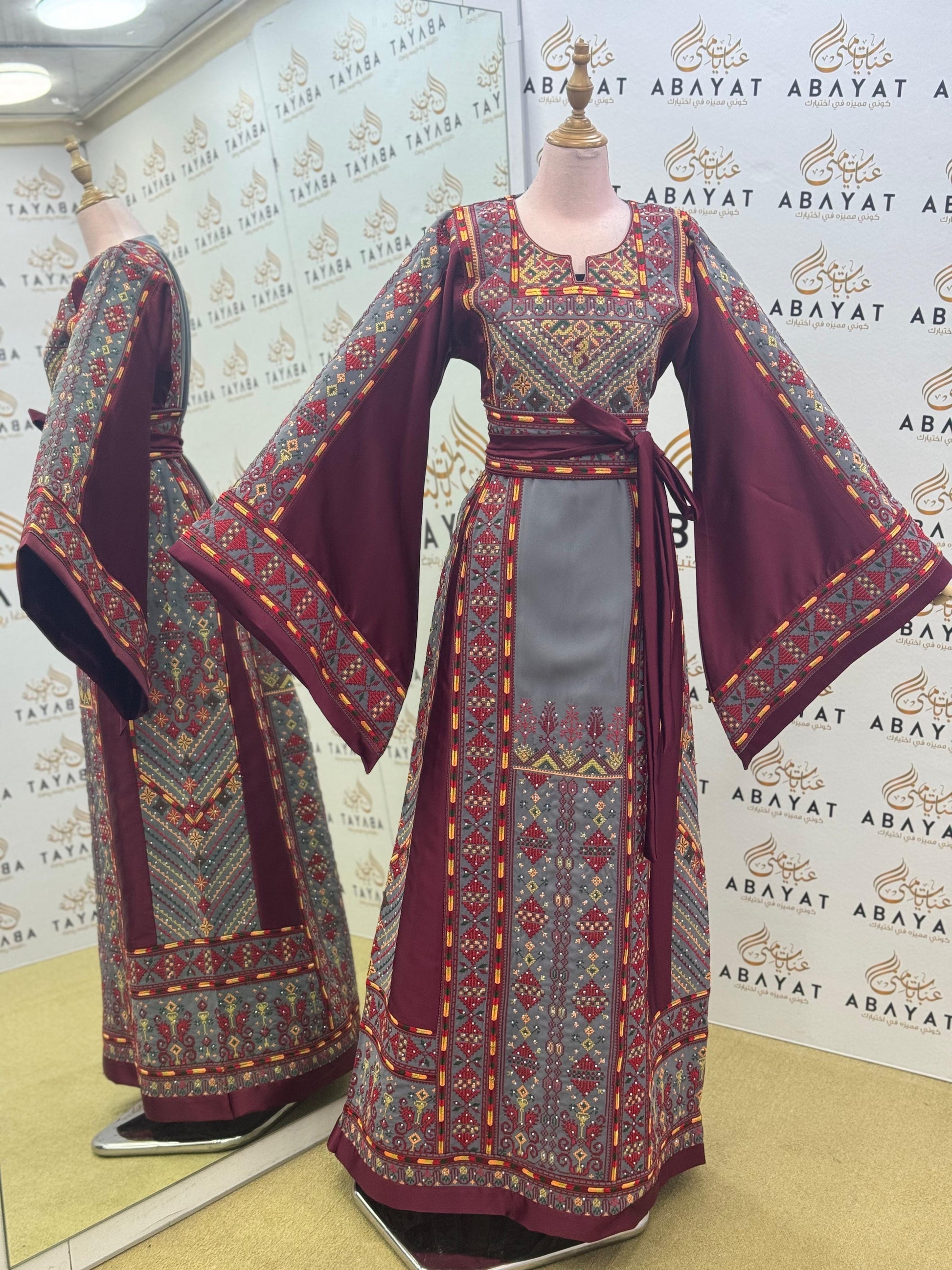 Luxury Palestinian Embroidered Thobe – Burgundy & Grey Traditional Design