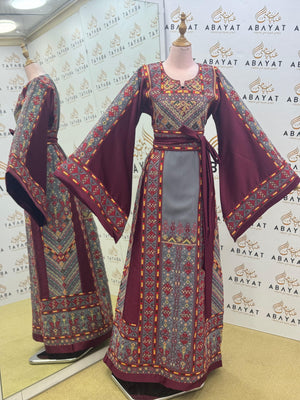 Luxury Palestinian Embroidered Thobe – Burgundy & Grey Traditional Design