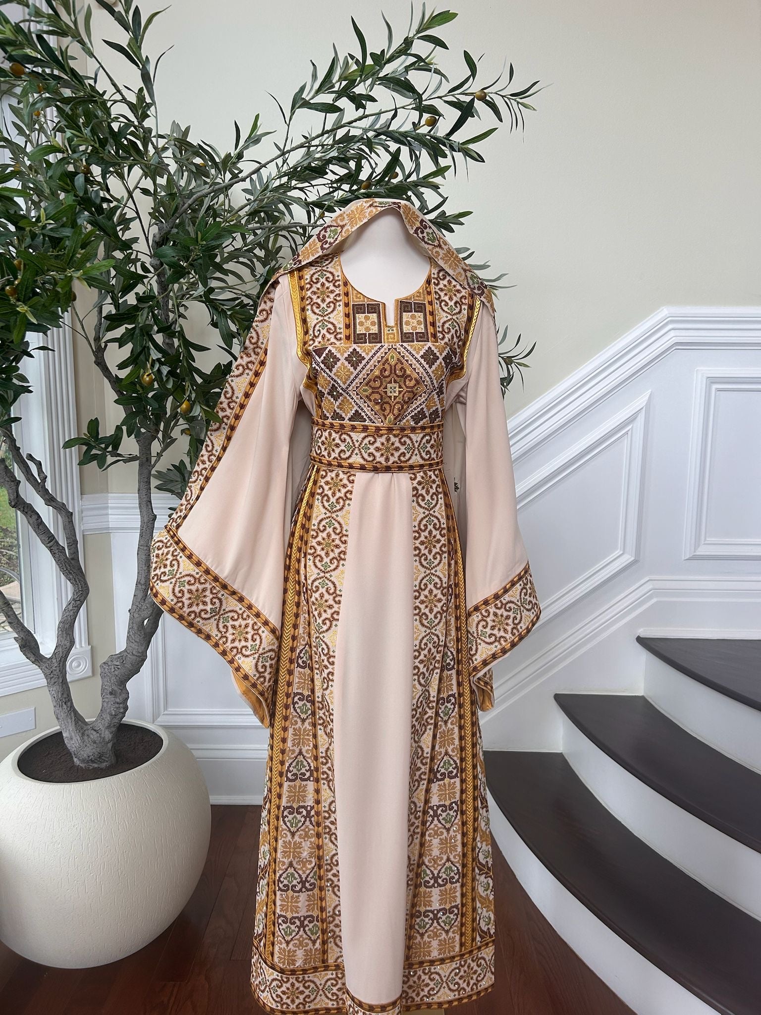 Tan Elegance Embroidery Tatreez Golden Detail Thobe