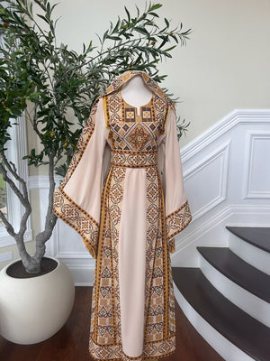 Tan Elegance Embroidery Tatreez Golden Detail Thobe