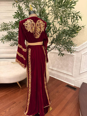 Red Majestic Velvet Kuftan with Golden Embellishment