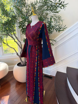 Elegant Navy & Red Embroidered Palestinian Thobe Dress