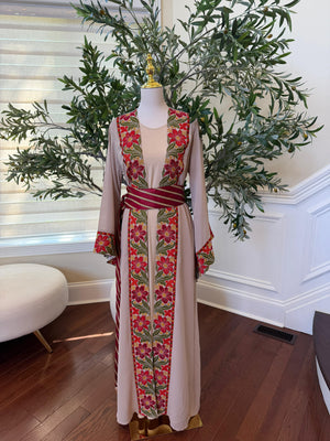 Tan Floral Embroidery Tatreez Thobe