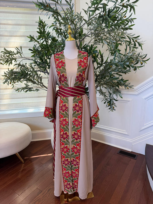 Tan Floral Embroidery Tatreez Thobe