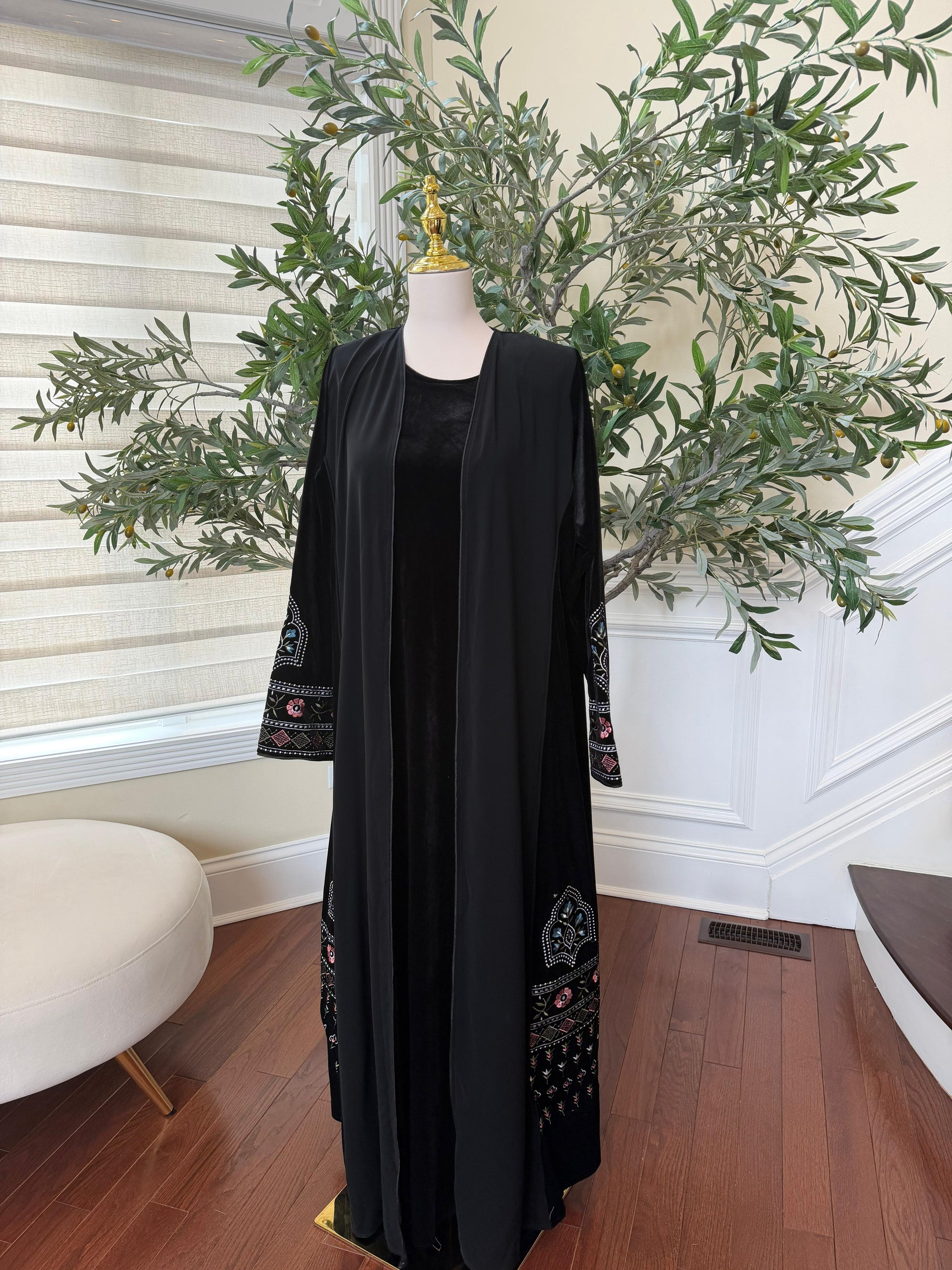 Black Velvet with Chiffon Embroidery Two Piece Abaya
