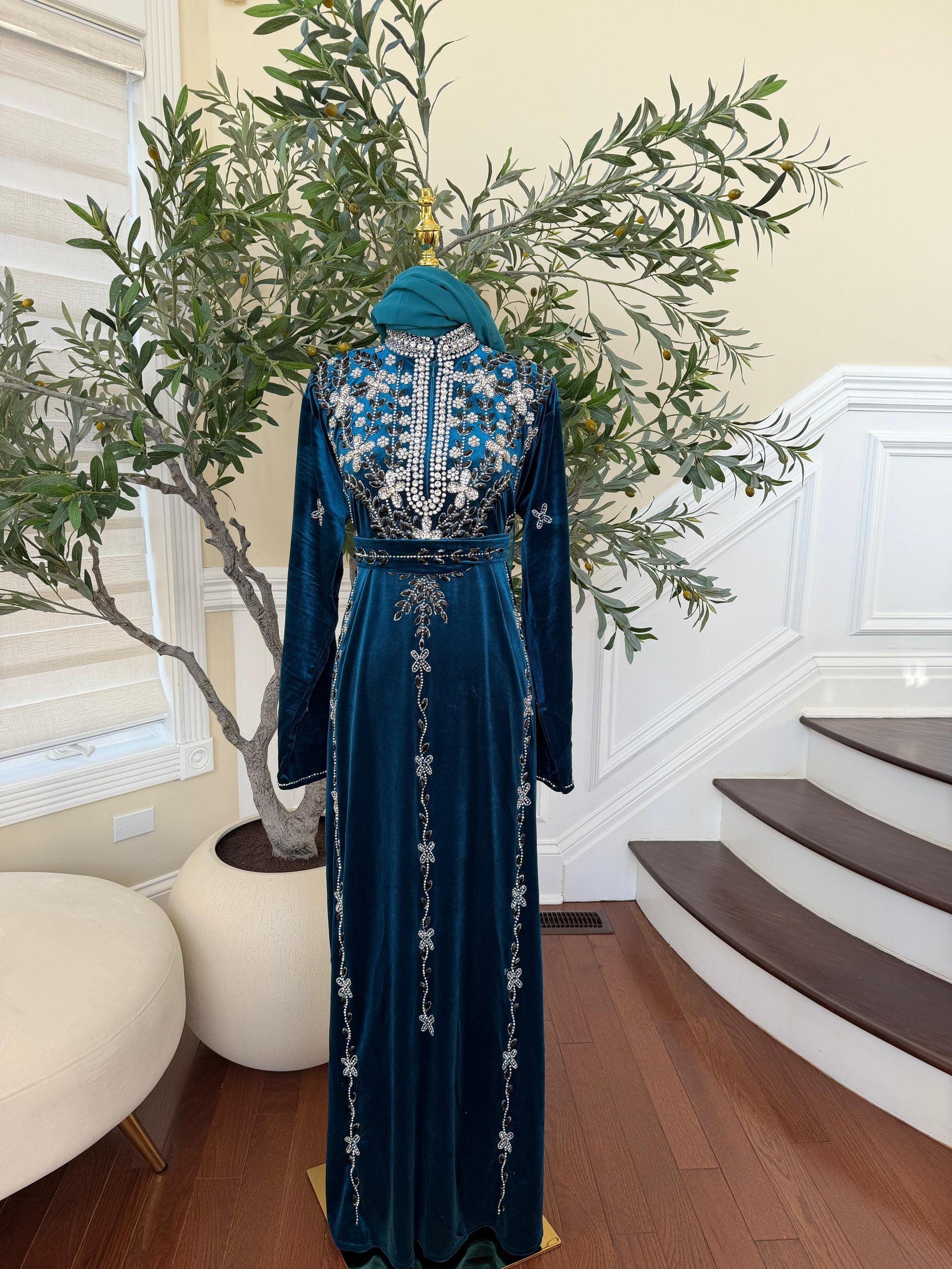 Turquoise Crystal Velvet Design Elegance Abaya