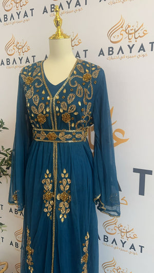 Turquoise Golden Beaded Cardigan Abaya