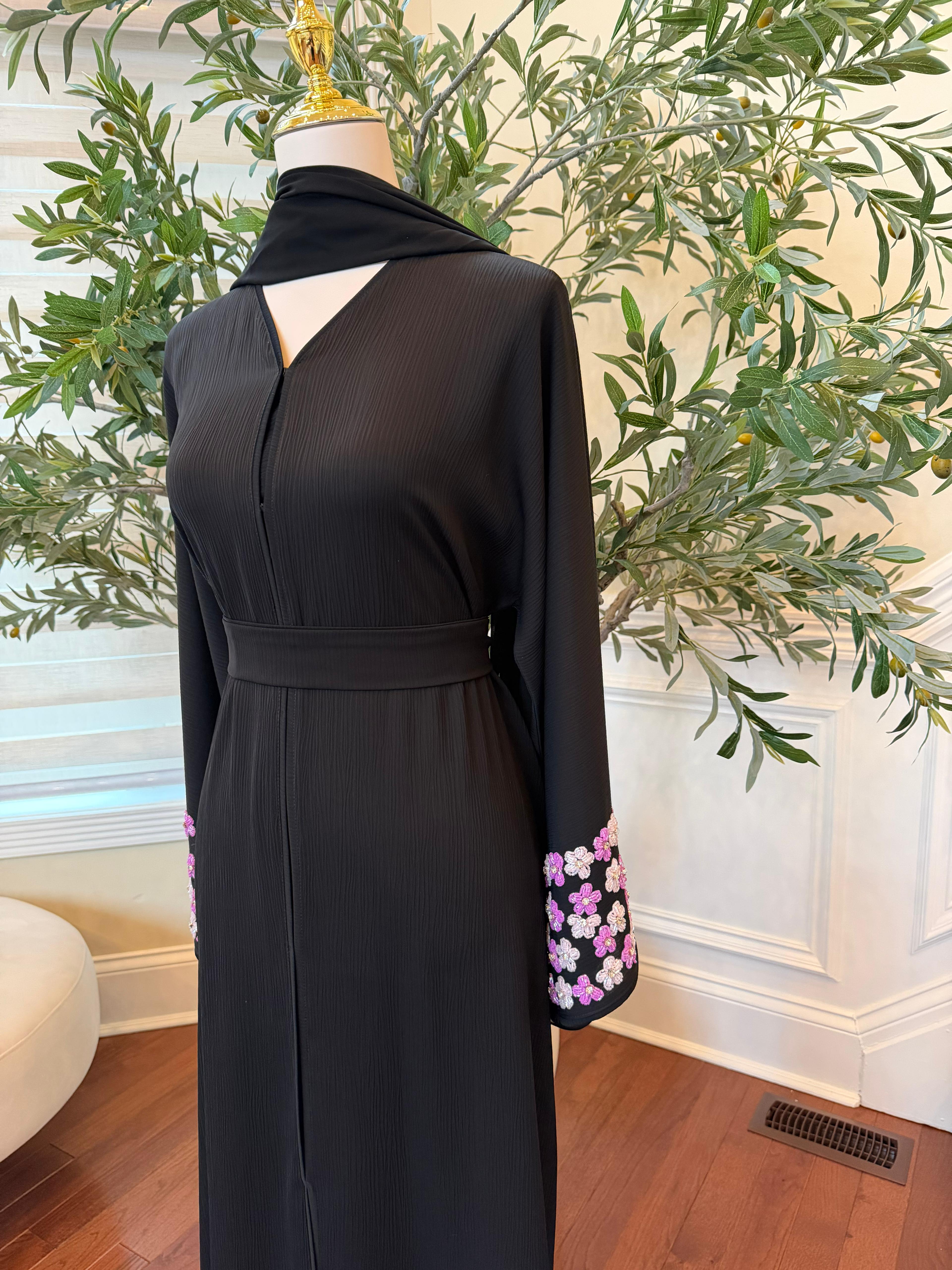 Black Rose Sleeve Beaded Abaya