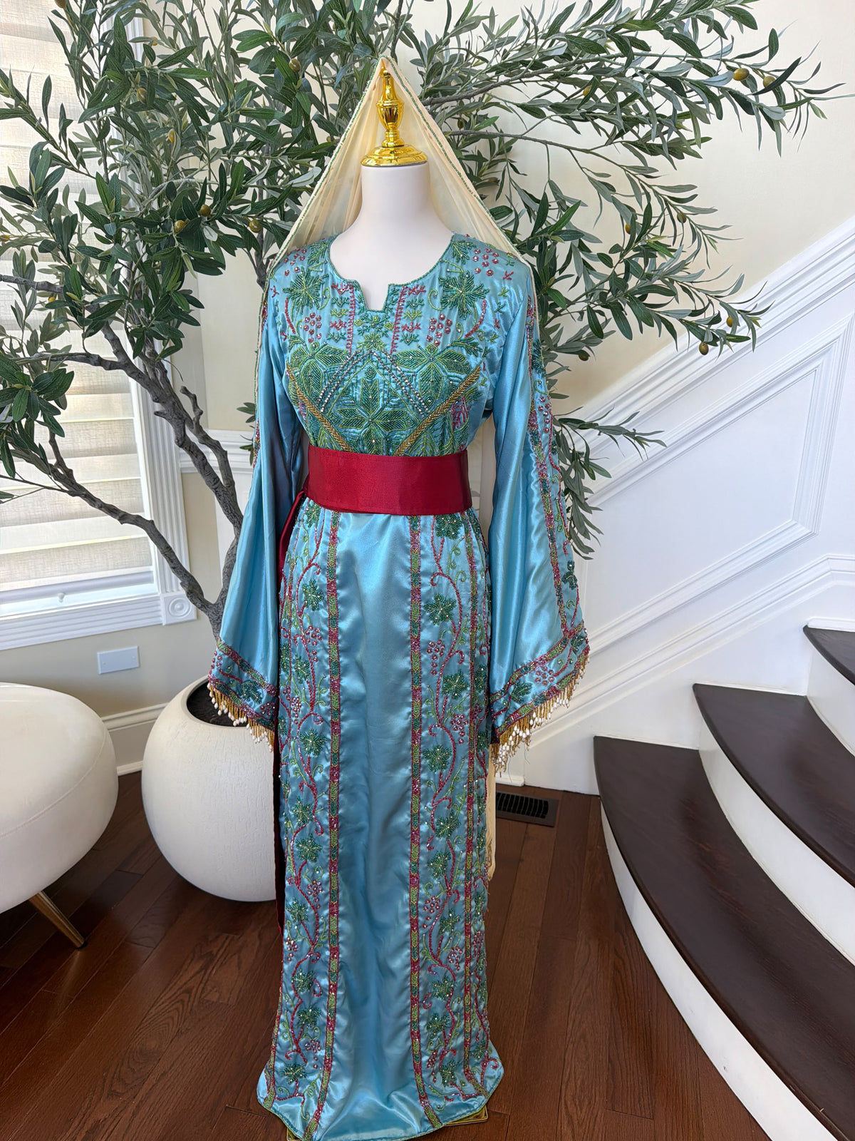 Elegant Sky Blue Satin Thobe with Intricate Green and Pink Floral Embroidery, Burgundy Belt(scarf not included)