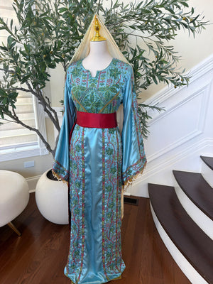 Elegant Sky Blue Satin Thobe with Intricate Green and Pink Floral Embroidery, Burgundy Belt(scarf not included)